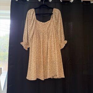 Floral Square-Neck Long Sleeve Mini Dress - Cream